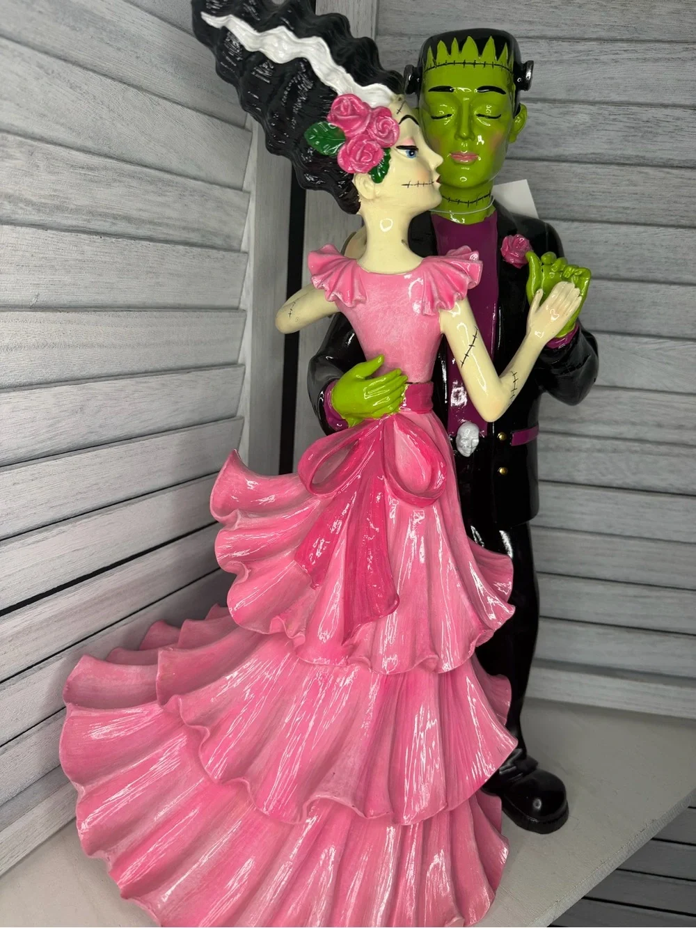 Dancing Pink Bride and Frankenstein Groom Figurine - Halloween Decor
